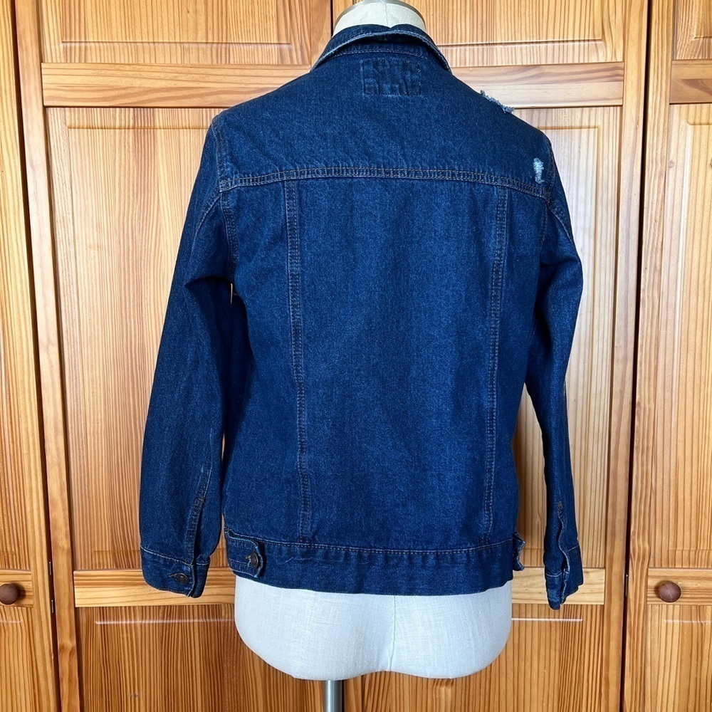 Wax Jeans Small Dark Denim Jacket Embroidered Flowers Distressed 100% Cotton - Picture 4 of 11
